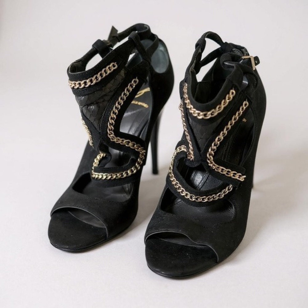 Brian Atwood Chain Link Suede Cage Sandals Womens 8 Black Excellent Stiletto